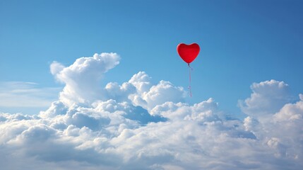 Fototapeta premium Red Heart Balloon in the Sky: A single, vibrant red heart-shaped balloon floats gracefully through a sea of fluffy white clouds, evoking a sense of love and hope. The blue sky acts as a canvas.
