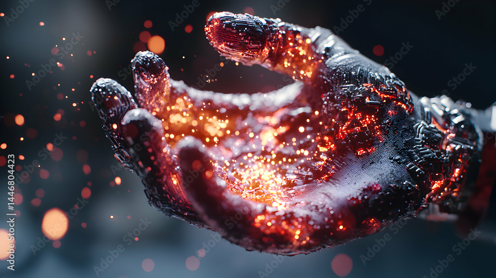 Poster a cybernetic hand glows with inner energy. this image could be used as a background for a futuristic