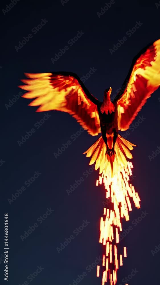 Poster a dynamic low-angle shot of a fiery phoenix soaring upward, trailing sparks, capturing a mythical re
