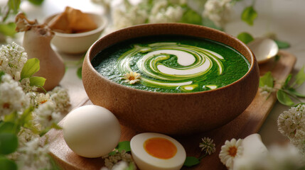 A bowl of vibrant green soup, garnished with a swirl of cream and delicate flowers, sits beside halved boiled eggs.  Fresh spring flowers surround the scene