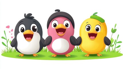Fototapeta premium Whimsical animated birds in a vibrant colorful illustration embodying friendship and lightheartedness perfect for children's content and playful designs