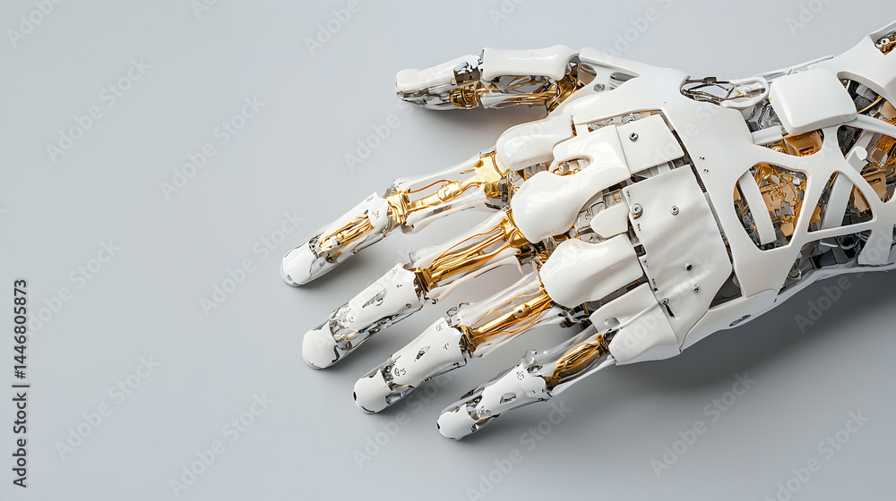 Poster a futuristic robotic hand design with intricate details showcasing advanced technology. it suggests 