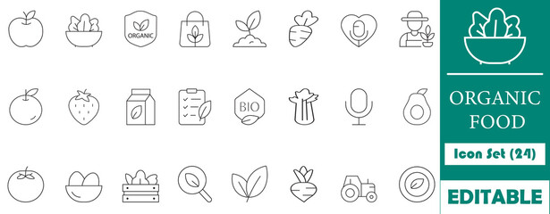 Minimalist organic food icon set featuring fruits, vegetables, dairy, farmer, and eco labels. Perfect for farming, healthy lifestyle, and packaging design.