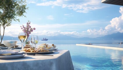 Obraz premium Luxury Seaside Dining: Infinity Pool and Breathtaking View