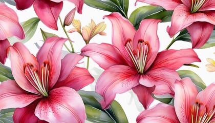Fototapeta premium Flowers watercolor illustration, Seamless pattern lilies pink flower on isolated background