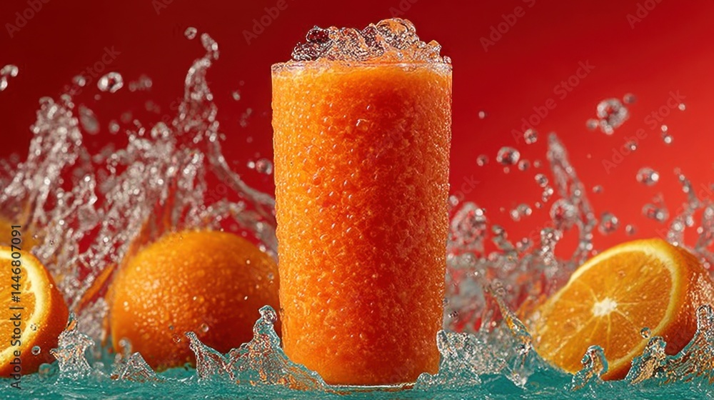Poster delicious orange juice splashing with fresh water and oranges against a red backdrop