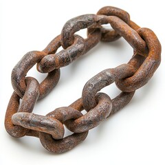 Fototapeta premium Rusty chain links arranged in an oval shape against a white background. The chain shows significant signs of wear and rust, suggesting age and