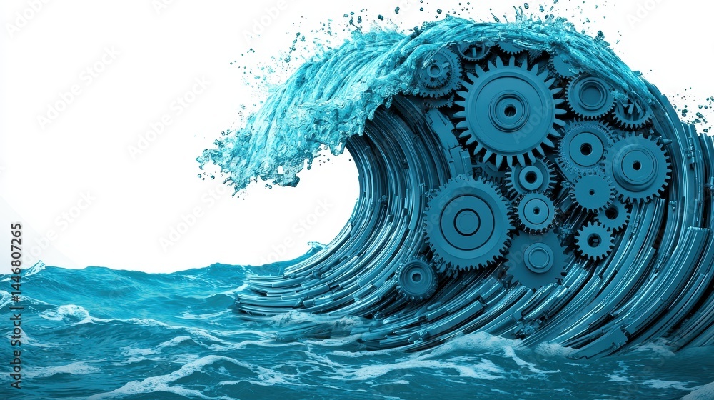 Poster abstract 3d rendering of a stylized ocean wave composed of interconnected gears, suggesting themes o