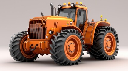 Obraz premium Orange tractor with large tires, detailed rendering, 3D model, neutral background, blocky style