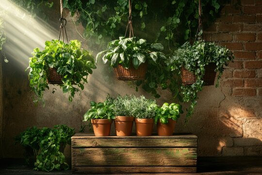 Sunlit herbs in rustic hanging baskets and terracotta pots, a vibrant garden scene.