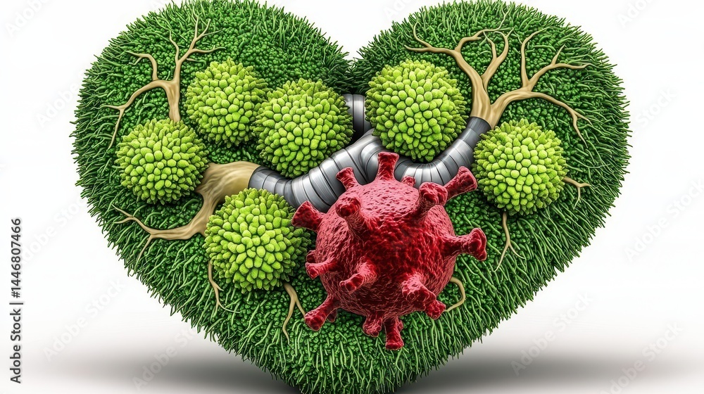 Poster 3d rendering of a heart shaped image composed of green foliage, incorporating a virus model and inte