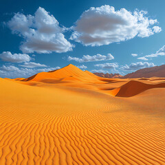Fototapeta na wymiar A serene desert scene with orange sand dunes stretching into the horizon under a blue sky