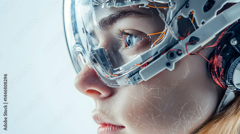 Poster a futuristic portrait shows a person with a high-tech headset. it hints at augmented reality or a sc