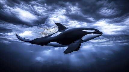 Orca swimming gracefully beneath stormy skies in deep ocean waters wildlife photography dramatic atmosphere