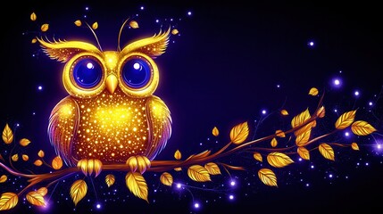 Fototapeta premium Whimsical illustration of a golden owl with bright blue eyes perched on a branch amidst a backdrop of twinkling stars and golden leaves design