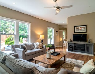 Fototapeta premium Modern living room interior design with grey sofas, wooden coffee table, fireplace, and large windows.