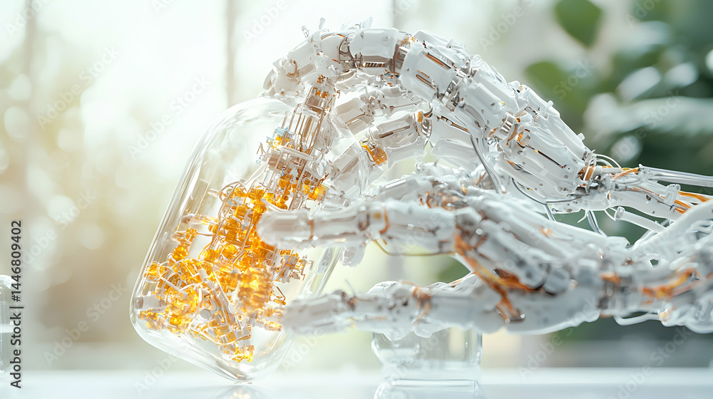 Poster a futuristic image of a robotic hand grasping a glass container holding illuminated intricate struct