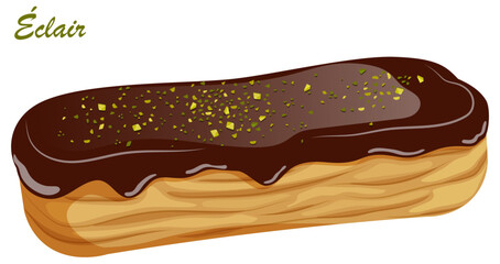 Pistachio Éclair Vector Art. French Pastry with Chocolate Glaze and Crumbled Pistachio Topping
