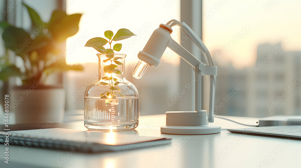 Poster an aesthetic image of a plant in a lab flask with a microscope and a laptop on a desk. suggests scie