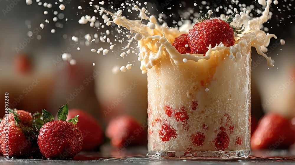 Poster delicious strawberry milkshake with splashing effect, close-up shot on dark background