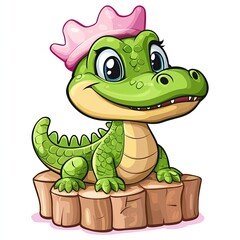 Fototapeta premium Cute Cartoon Baby Crocodile Princess Wearing a Pink Crown