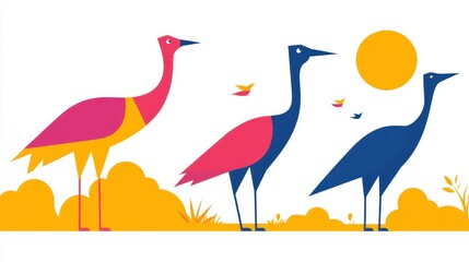 Abstract heron silhouettes against a stylized sunset backdrop evokes tranquil wildlife scene vibrant color palette nature inspired illustration art serene atmosphere
