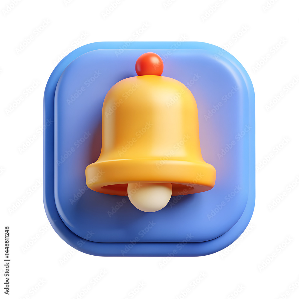 Poster glossy yellow notification bell on a blue rounded square button high quality 3d rendering icon