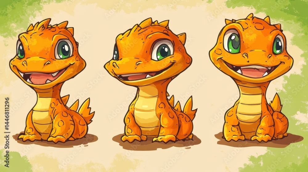 Poster adorable pixelated orange salamanders illustration set featuring playful smiles perfect for whimsica