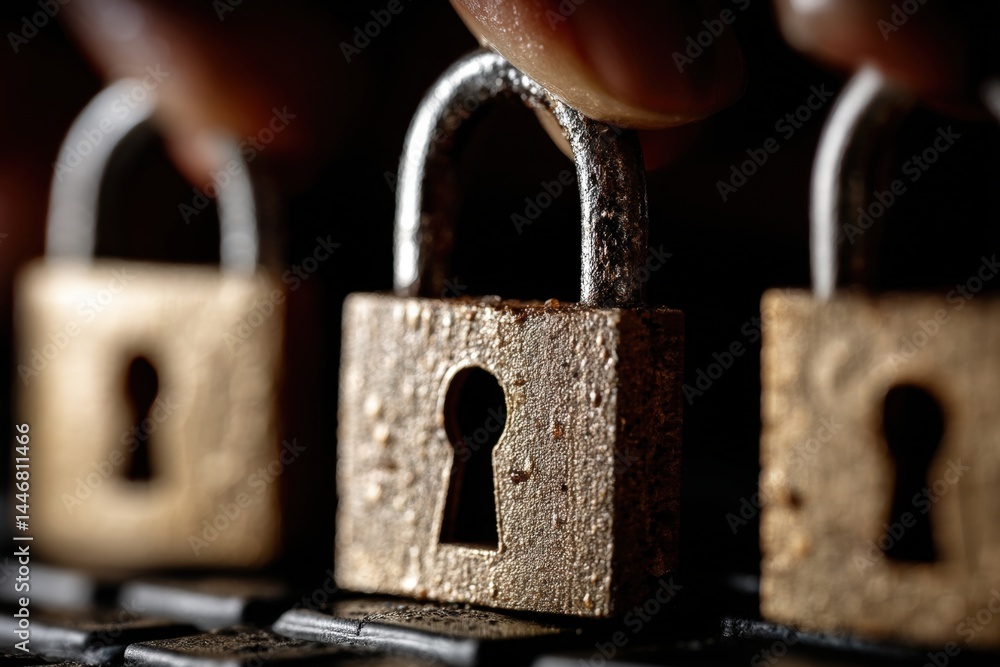 Poster close-up of three padlocks with a finger hovering above one.