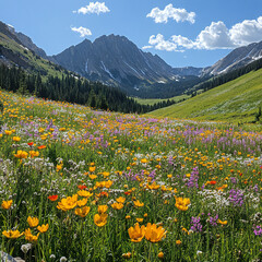 Fototapeta premium A serene meadow at the foot of a mountain, with wildflowers in bloom and clear skies above