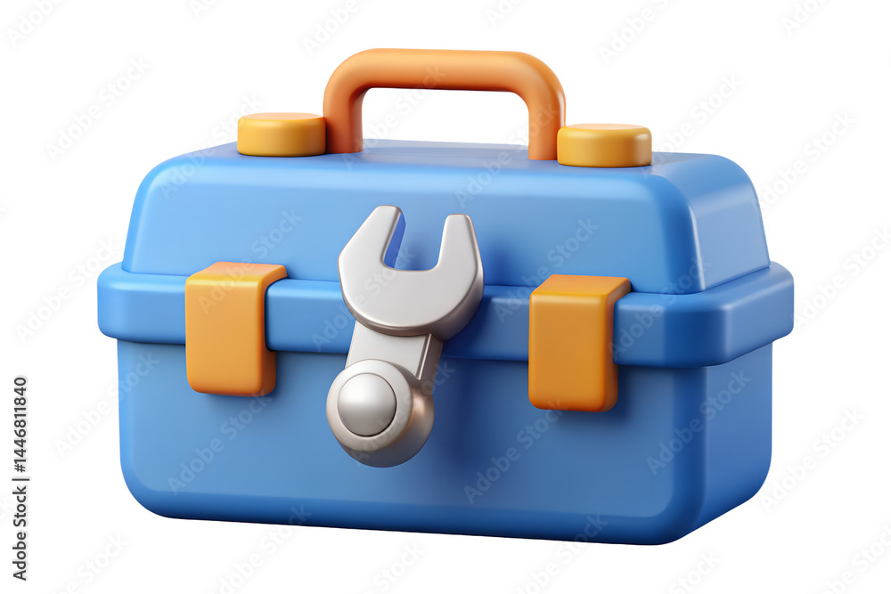 Poster high quality 3d rendering icon featuring a blue and orange toolbox with a wrench against backdrop pr