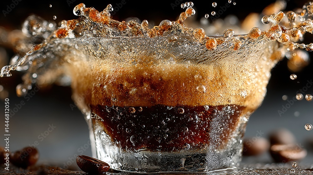 Poster dramatic close up of an espresso being poured with splash effect in a glass