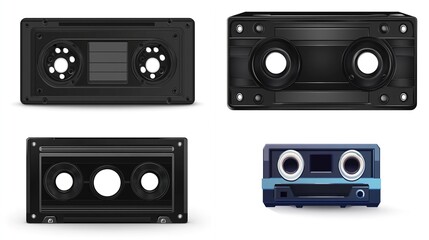 Obraz premium Four realistic cassette tapes; black, empty, and one with a label.