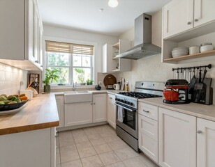 Fototapeta premium Bright, airy kitchen with white cabinets, wood countertops, and stainless steel appliances. Perfect for home design blogs, real estate listings, and magazines.