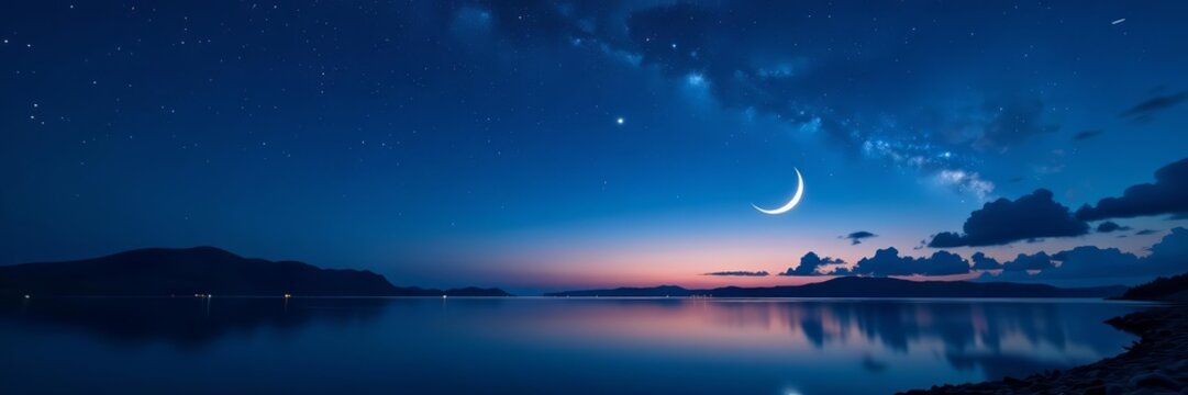 Tranquil night sky with twinkling stars and crescent moon, tranquil, celestial