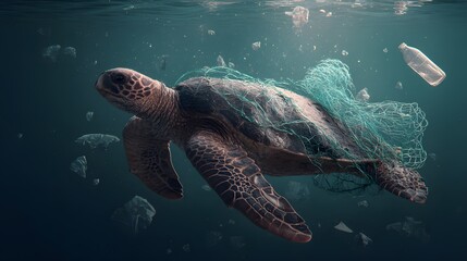 Fototapeta premium Sea turtle entangled in discarded fishing net floats among plastic trash