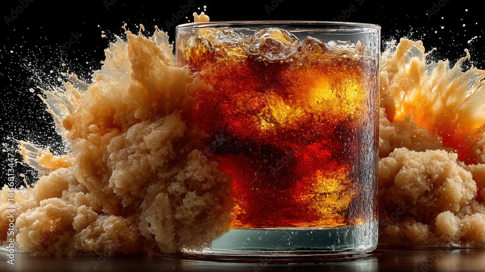 Poster dramatic explosion of cola drink with ice in a glass against a dark background
