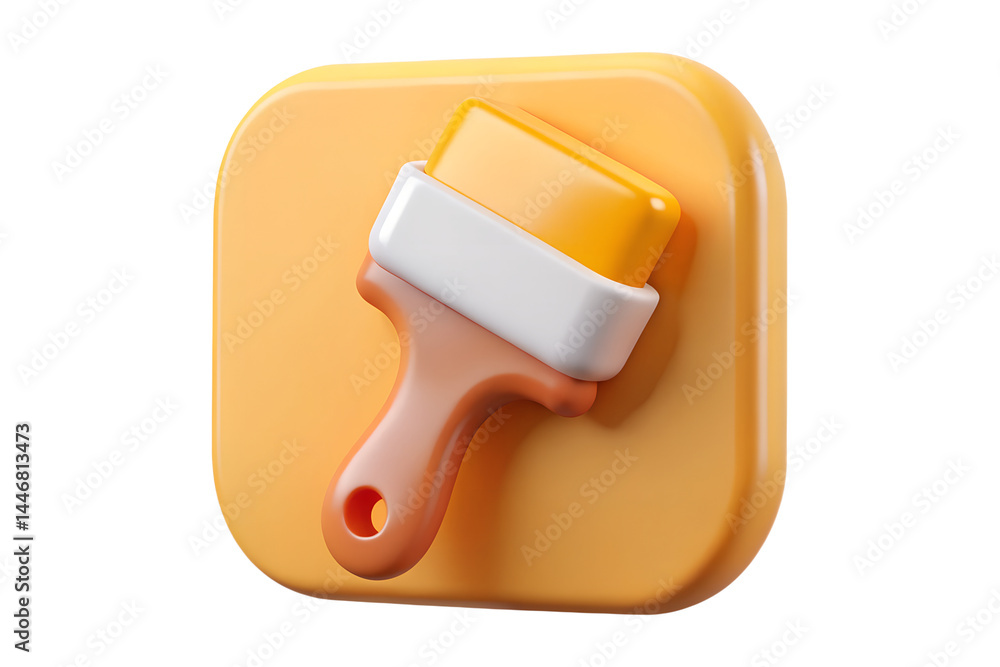 Poster high quality 3d rendering icon of a paintbrush against yellow backdrop with orange handle and white 
