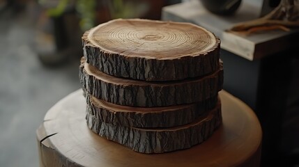 Stacked wooden discs resting on a wooden surface.