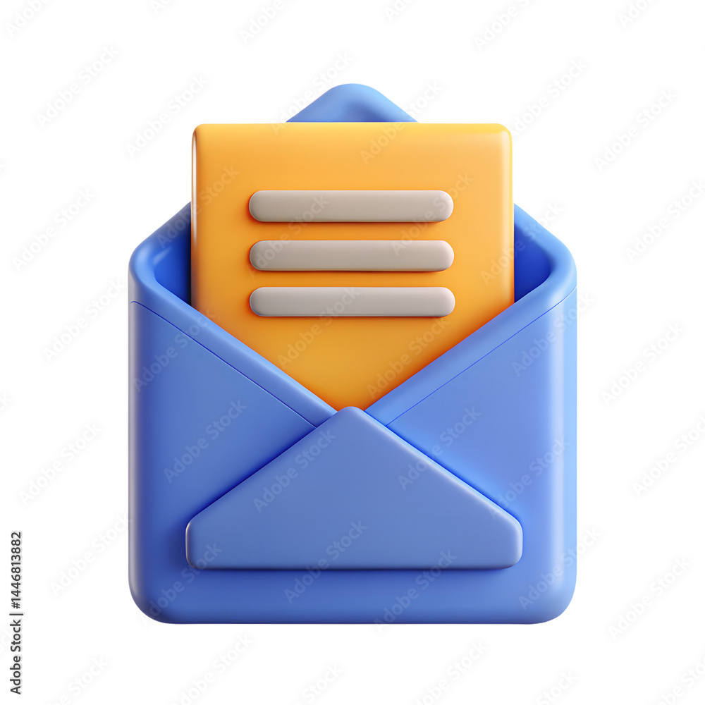 Poster high quality 3d rendering icon of an email envelope and a document with lines on a backdrop