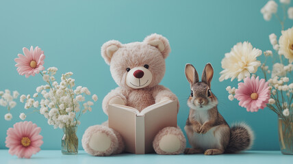 読書好きな動物ぬいぐるみが並ぶ癒しの風景｜うさぎ・くま・リスがそれぞれ本を手にする知育・保育・絵本・教育コンテンツに最適なイラスト素材
