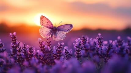 Naklejka premium A butterfly soars over a lavender field at sunset