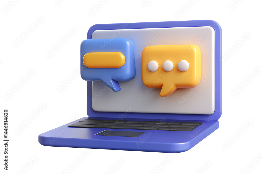 Poster high quality 3d rendering icon of laptop with speech bubbles representing online communication and s