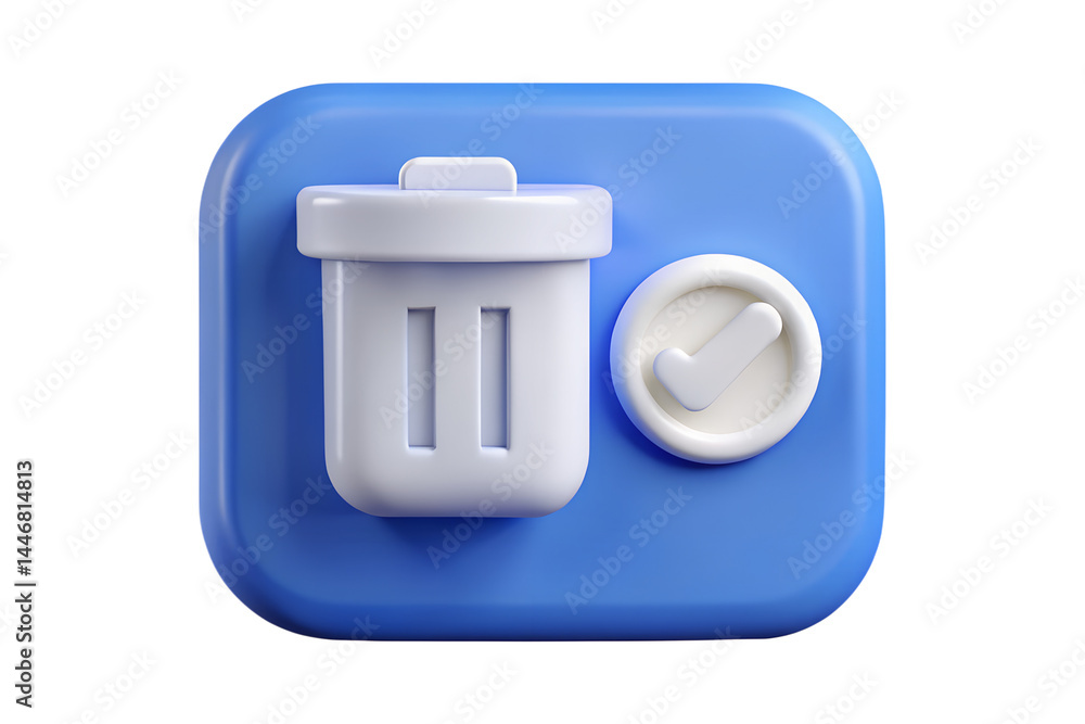 Poster high quality 3d rendering icon of trash bin and approved check mark in blue background for delete co
