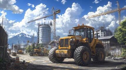 Obraz premium Industrial Construction Site with Mountain View under Sunny Skies