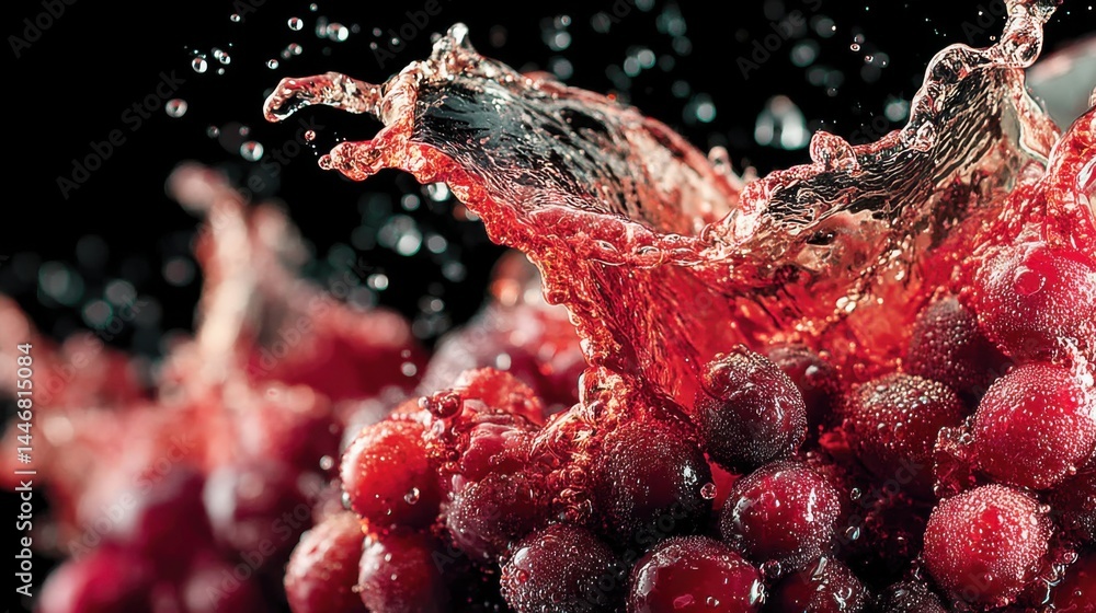 Poster dynamic splash of red fruit juice over fresh grapes against a dark background
