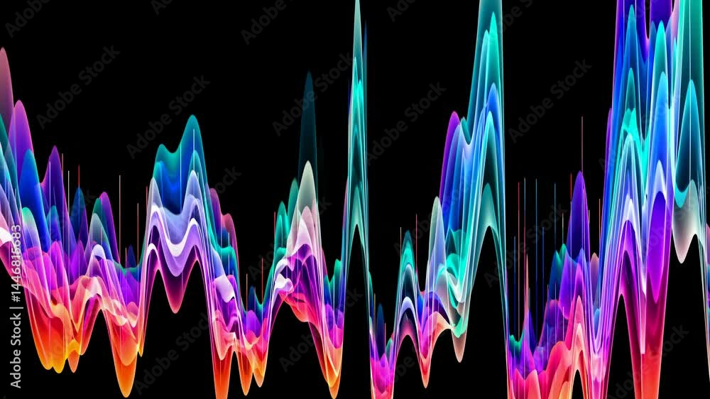 Poster abstract video art with vibrant, vertical waves of color on a black background, captured from a fron