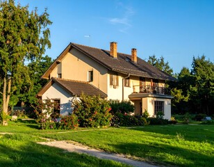 Picturesque suburban house bathed in golden sunlight, surrounded by lush greenery and vibrant flowers. A tranquil, idyllic scene perfect for real estate, travel, or lifestyle imagery.
