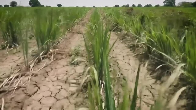 Sugarcane Field with Cracked Earth A DroughtStricken Agricultural Landscape