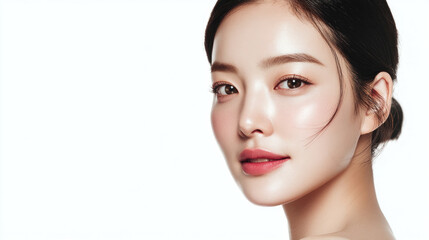 Obraz premium Radiant, glowing skin on a woman with a healthy, natural look. Her soft features and subtle makeup highlight her fresh, youthful complexion